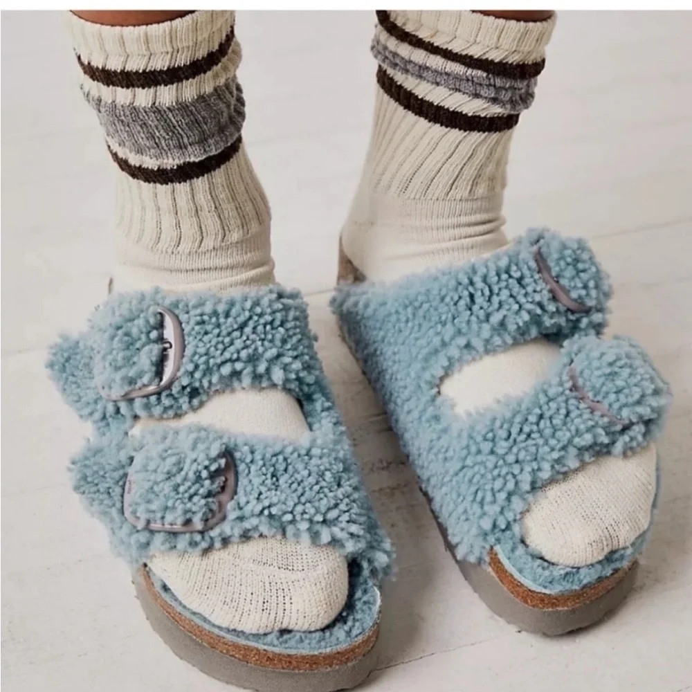 Birkenstock Free People Papillio Sandals Womens US 7 Sherpa Big Buckle Blue - Picture 1 of 13